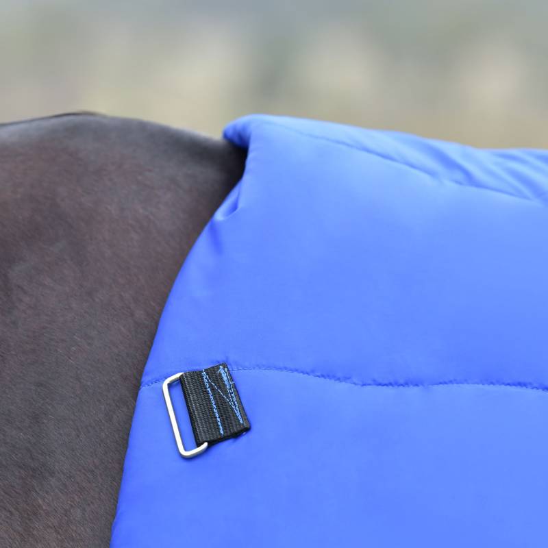 Close-up of a Weatherbeeta Comfitec Essential Combo Neck Turnout Rug in cobalt/black.