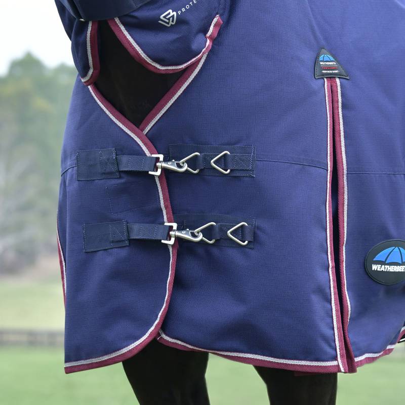 Close-up of a horse in a Weatherbeeta Comfitec Essential 220g navy/burgundy turnout rug.
