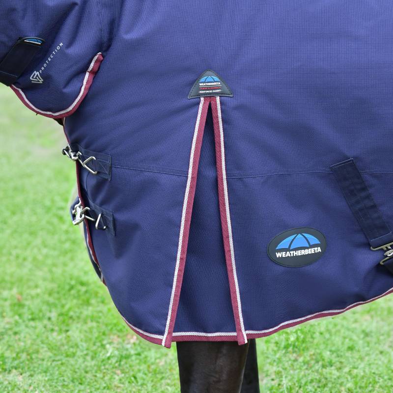 Horse in a navy Weatherbeeta Comfitec Essential Combo Neck Turnout Rug 50g on grass.