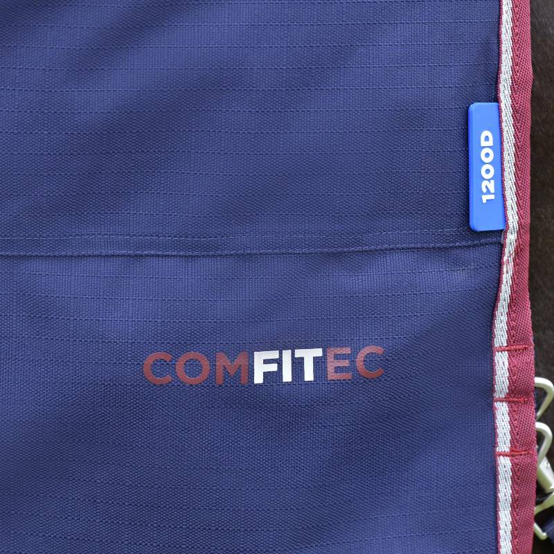 Close-up of Weatherbeeta Comfitec Essential Combo Neck 50g Navy/Burgundy rug fabric.
