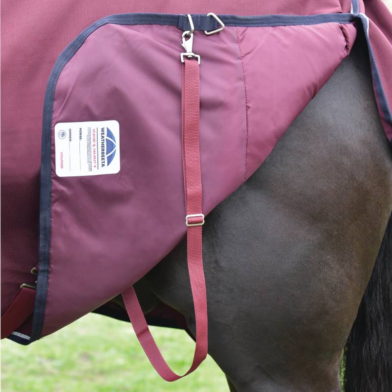 Weatherbeeta 220g Burgundy/Navy turnout rug on a dark brown horse.