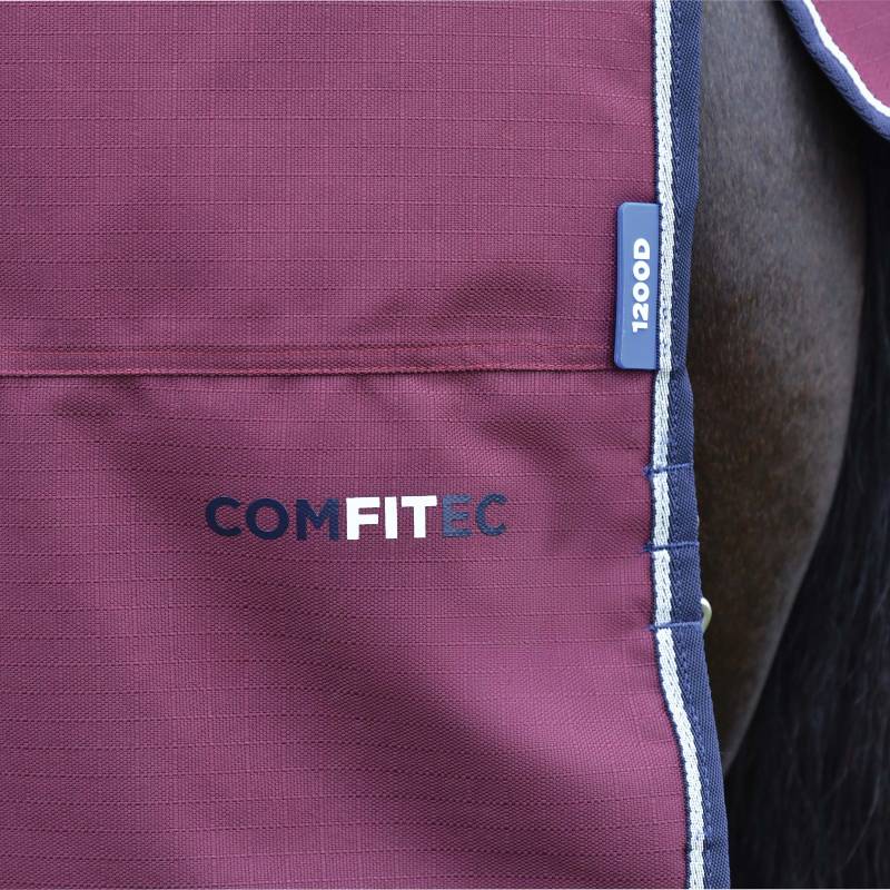Close-up of a Weatherbeeta Comfitec Essential Standard Neck Turnout Rug 220g Burgundy/Navy.