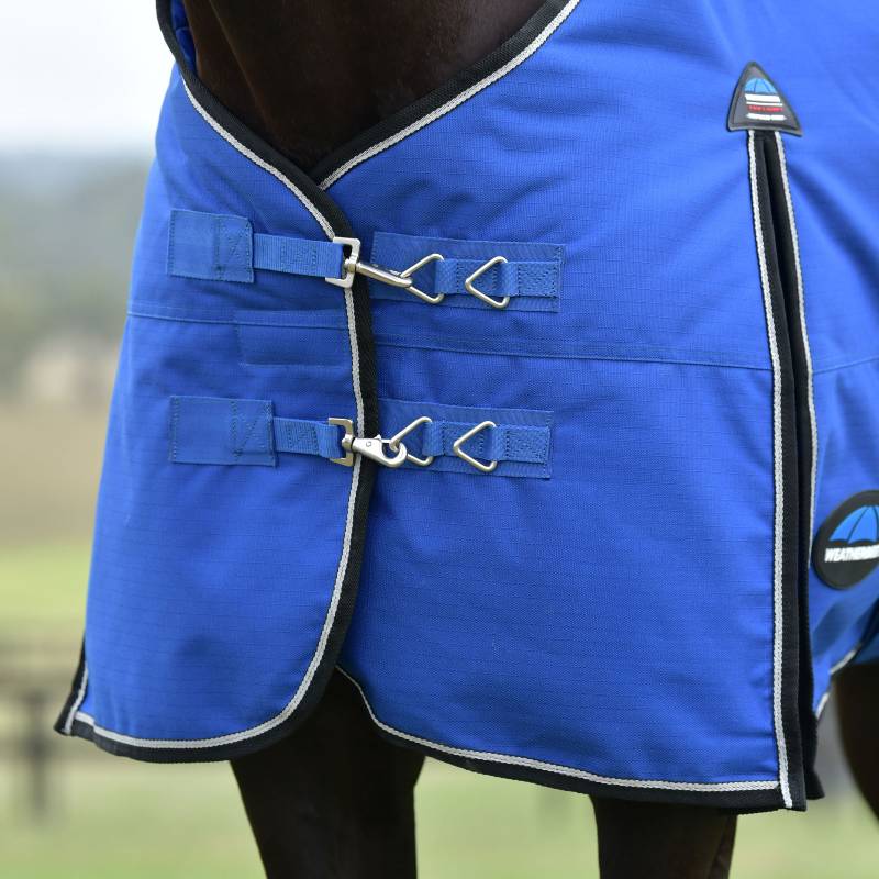 Close-up of a horse in a Weatherbeeta Comfitec Essential Std Neck Turnout Rug 220g Cobalt/Black.
