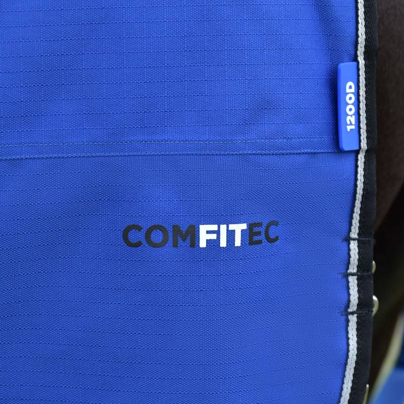 Close-up of a Weatherbeeta Comfitec Essential 220g Standard Neck Turnout Rug in Cobalt/Black.