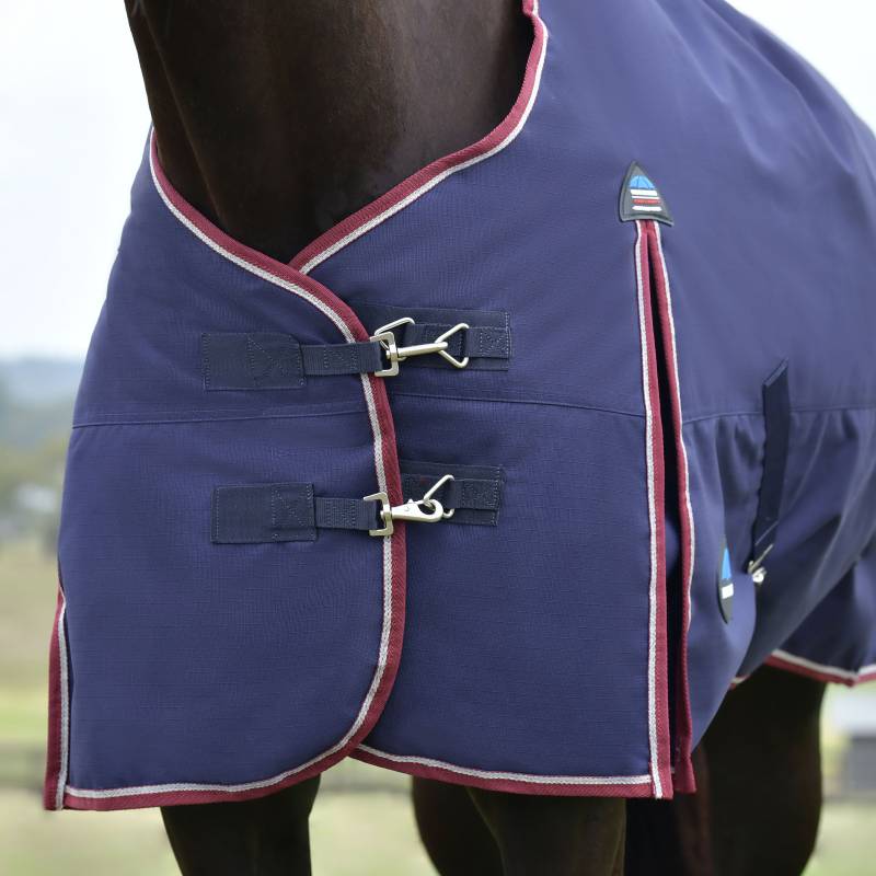 Close-up of a horse in a Weatherbeeta Comfitec Essential 220g Navy/Burgundy turnout rug.
