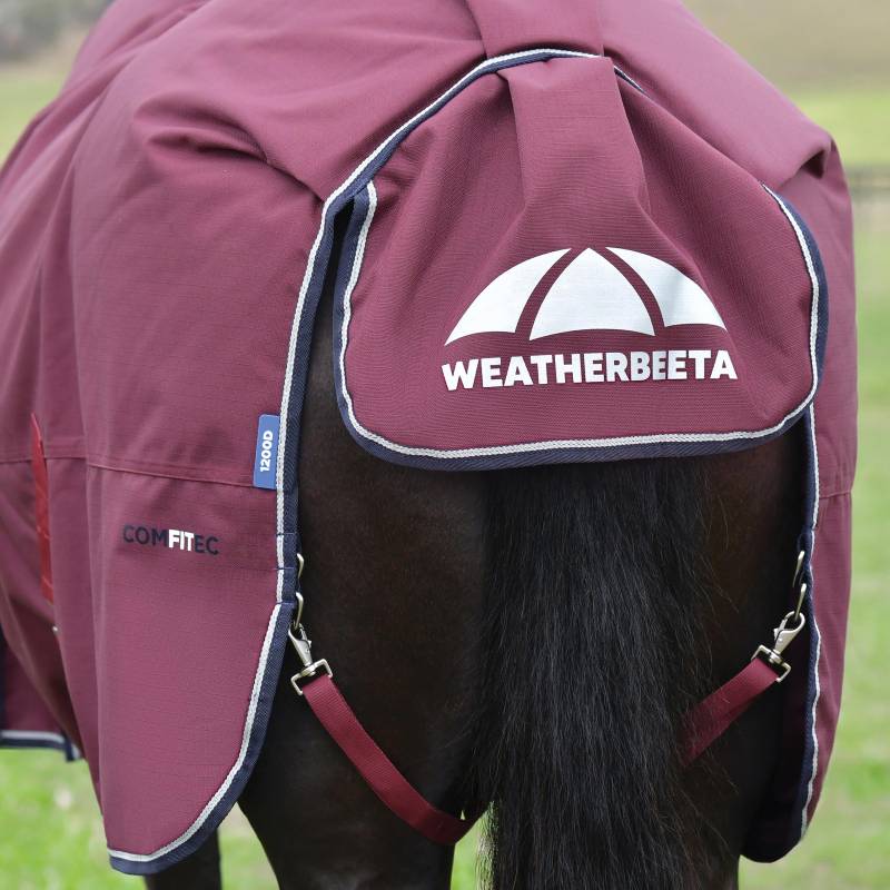 A horse in a burgundy Weatherbeeta Comfitec Essential Standard Neck Turnout Rug, shown from behind.