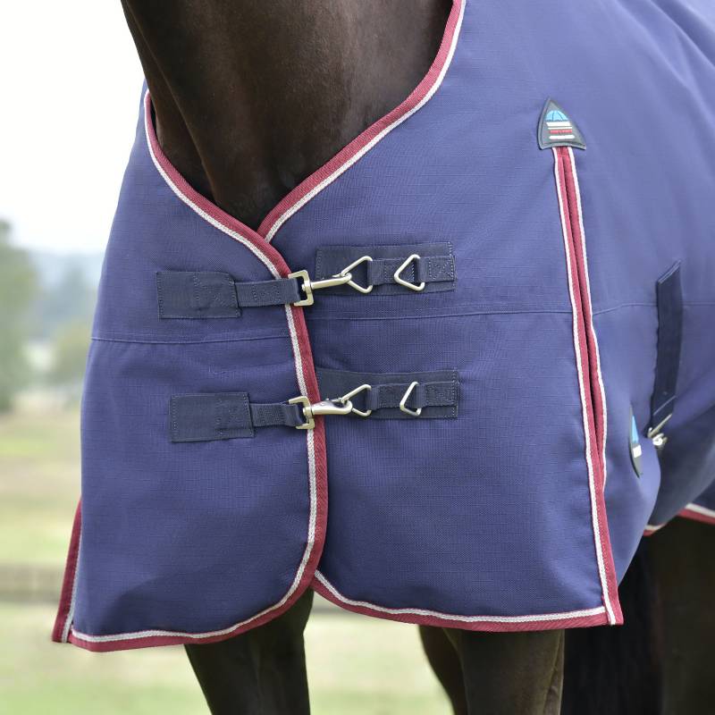 A horse in a Weatherbeeta Comfitec Essential 50g navy/burgundy turnout rug.