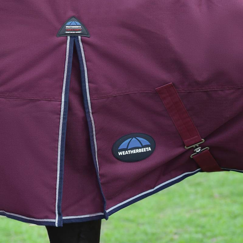Close-up of a Weatherbeeta Comfitec Essential Turnout Rug in Burgundy/Navy on a horse.