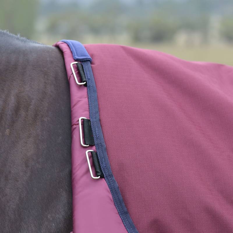 Close-up of a Burgundy/Navy Weatherbeeta Comfitec Essential Standard Neck Turnout Rug on a horse.
