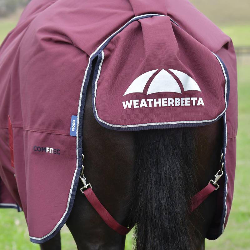 A horse in a Weatherbeeta Comfitec Essential Turnout Rug, showing the Weatherbeeta logo.