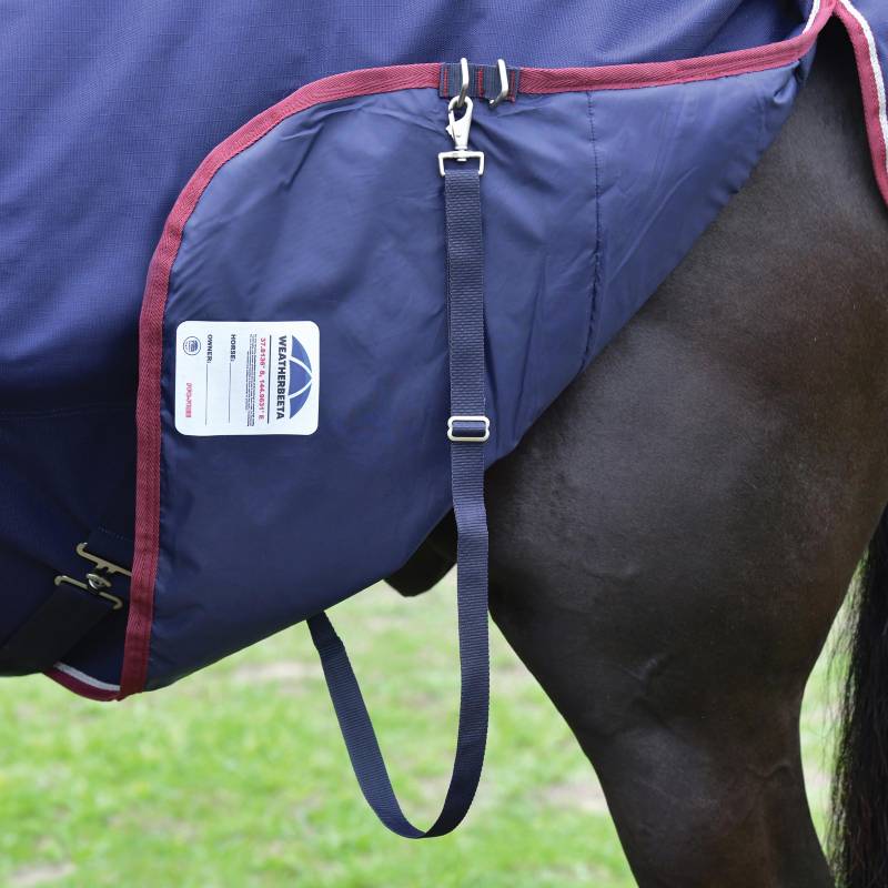 Horse in a Weatherbeeta Comfitec Essential turnout rug, navy/burgundy, on grass.