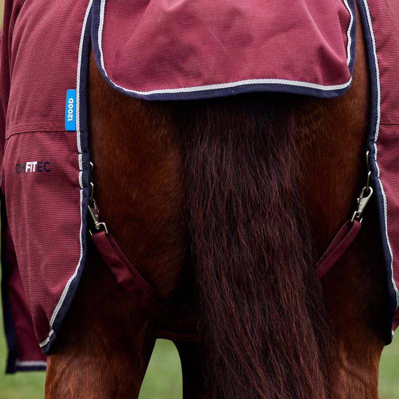 Close-up of a horse's hindquarters in a Weatherbeeta Comfitec Prelim 220g Burgundy/Navy rug.