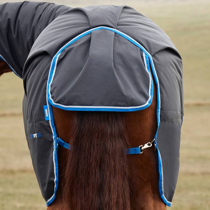 A horse in a Weatherbeeta Comfitec Tyro Combo Neck Turnout Rug stands in a field.
