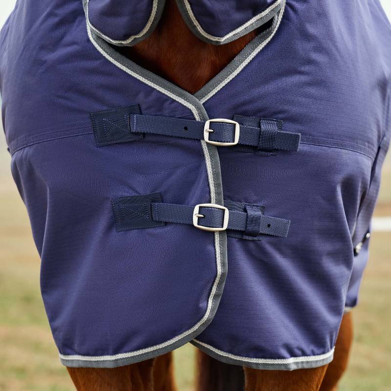 Close-up of a horse in Weatherbeeta Comfitec Tyro Combo Neck Rug 50g Navy/Charcoal.