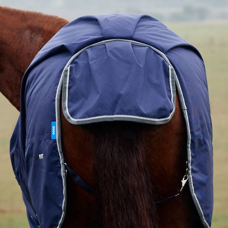 A horse in a field wears a Weatherbeeta ComFiTec Tyro Turnout Rug Standard Neck 50g.