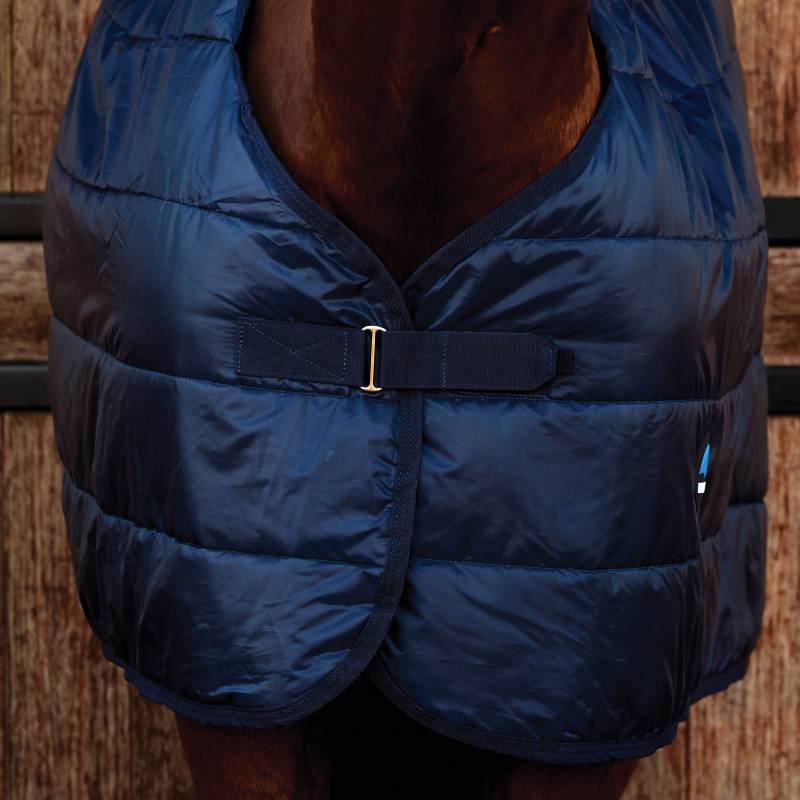 A horse in a Weatherbeeta Comfitec Liner Medium/Light Weight Navy 100g stands by wood.