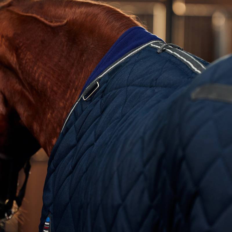 A brown horse wears a navy Weatherbeeta Comfitec 1000D stable rug with diamond quilting.