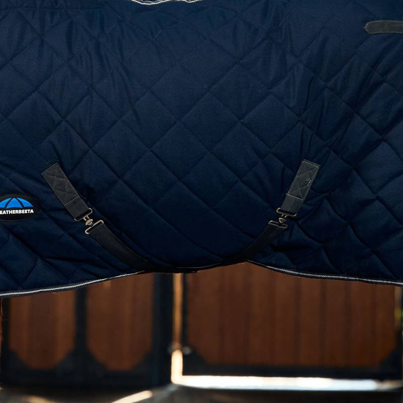 Close-up of a Weatherbeeta Comfitec 1000D Navy/Charcoal rug with black straps and logo.