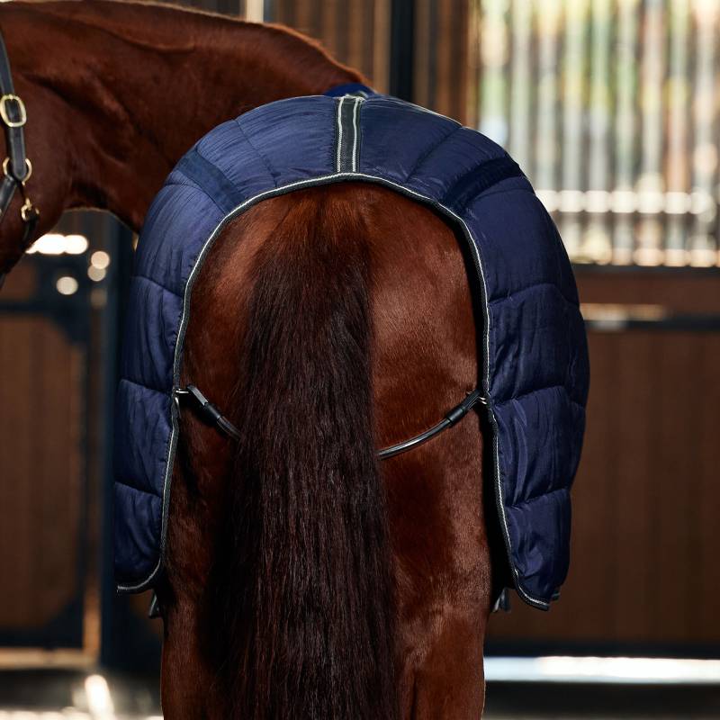 A horse in a stable wears a navy Weatherbeeta ComFiTec 220g Detach-A-Neck stable rug.