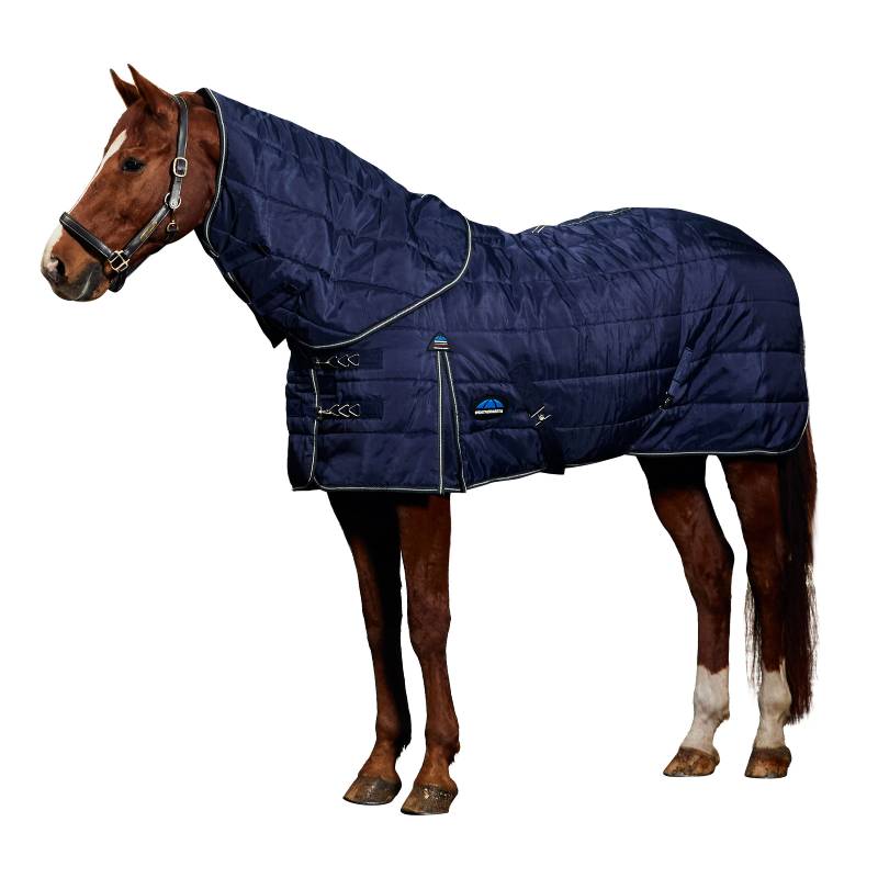A horse wears a Weatherbeeta Comfitec PP Channel Quilt Stable Rug 220g in navy/charcoal.