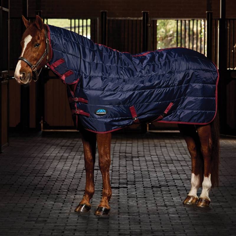 Chestnut horse in stable wears Weatherbeeta ComFiTec 210D Combo Neck Rug Navy/Burgundy.