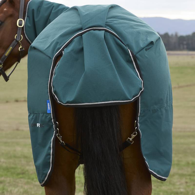 A horse in a grassy field wears a Weatherbeeta Comfitec Classic Combo Neck Turnout Rug 50g.