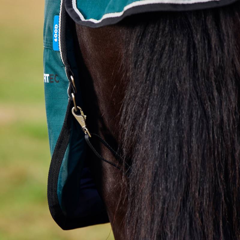 Close-up of a black horse’s tail and a Weatherbeeta Comfitec Classic Turnout Rug in green/black.