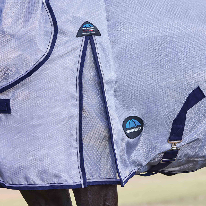 Weatherbeeta Comfitec Hexi Shield Lightweight Fly Rug in Silver/Navy/White on horse.