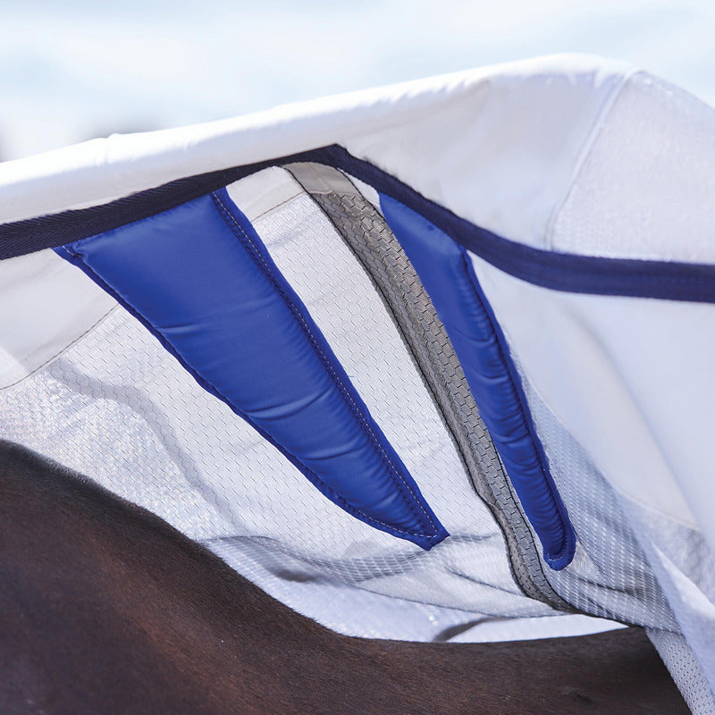 Weatherbeeta Comfitec Hexi Shield Fly Rug Silver/Navy/White draped over horse's back.