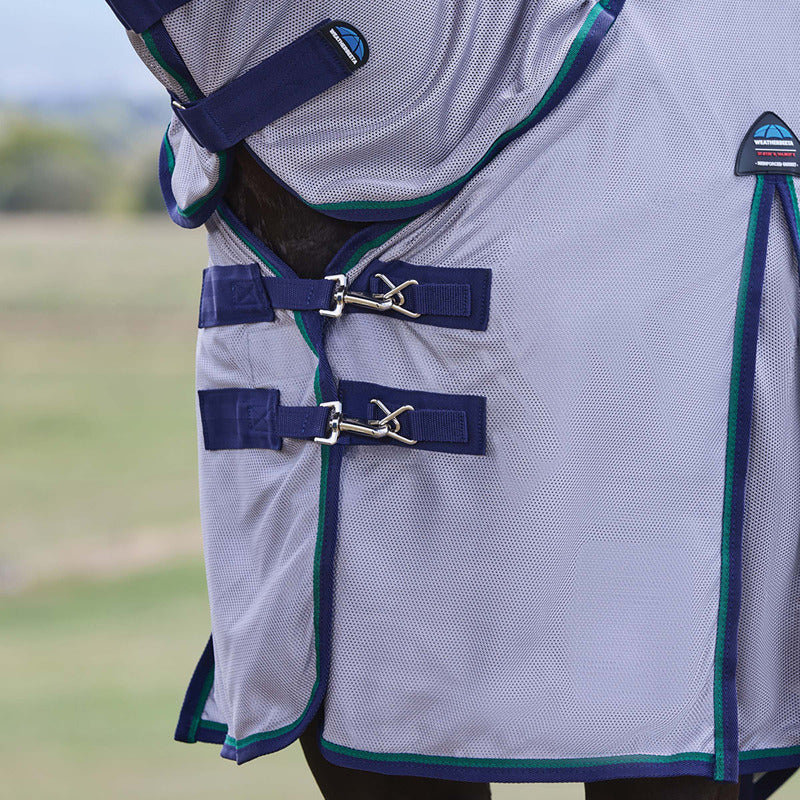 Horse wearing Weatherbeeta Comfitec Zephyr Combo Fly Rug in Grey/Navy/Forest Green outdoors.