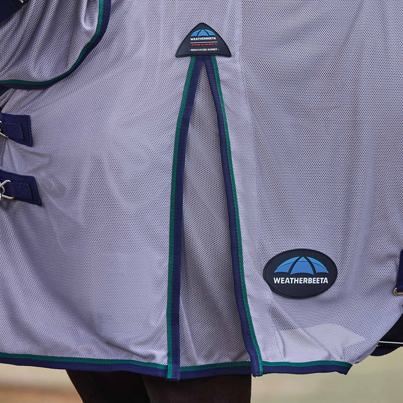 Close-up of Weatherbeeta Comfitec Zephyr Combo Neck Fly Rug in Grey/Navy/Forest Green.