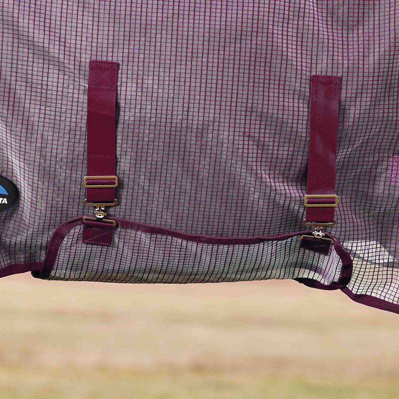 A horse in a Weatherbeeta 1200D fly rug stands in a grassy field with hills behind.