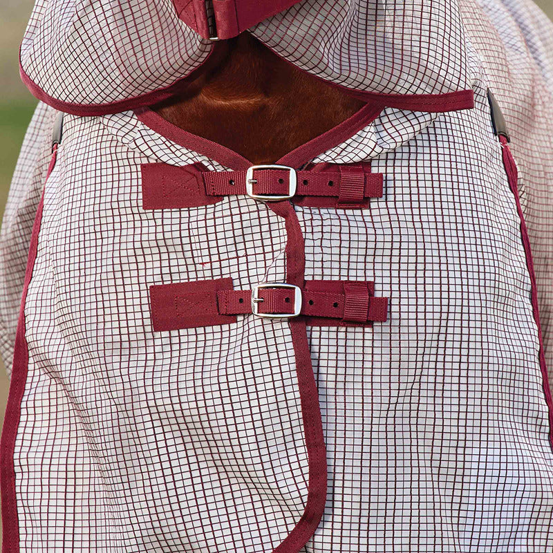 Close-up of a horse in a Weatherbeeta Comfitec Ripshield Detach-A-Neck Lightweight Fly Rug.