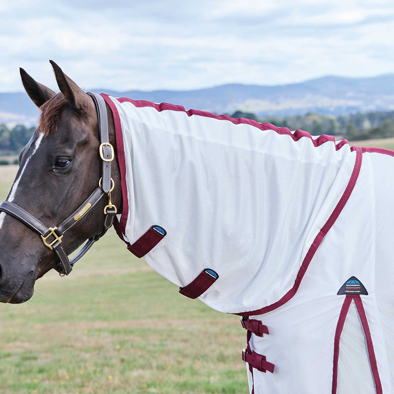 A horse wears a Weatherbeeta Comfitec Essential Fly Rug White/Burgundy in a grassy field.