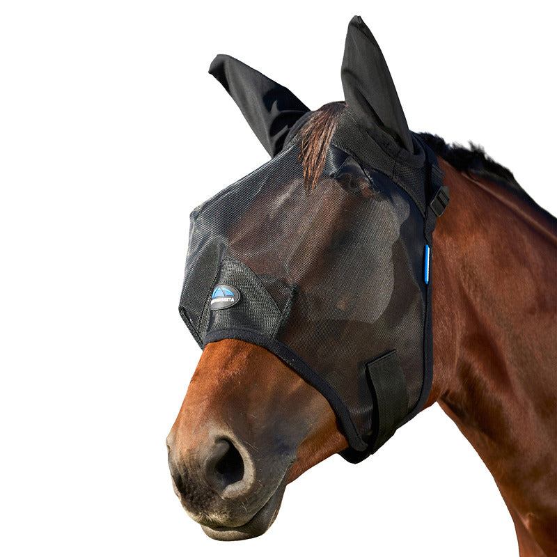 A horse wears the Weatherbeeta Comfitec Insect Guard Fly Mask With Ears for protection.