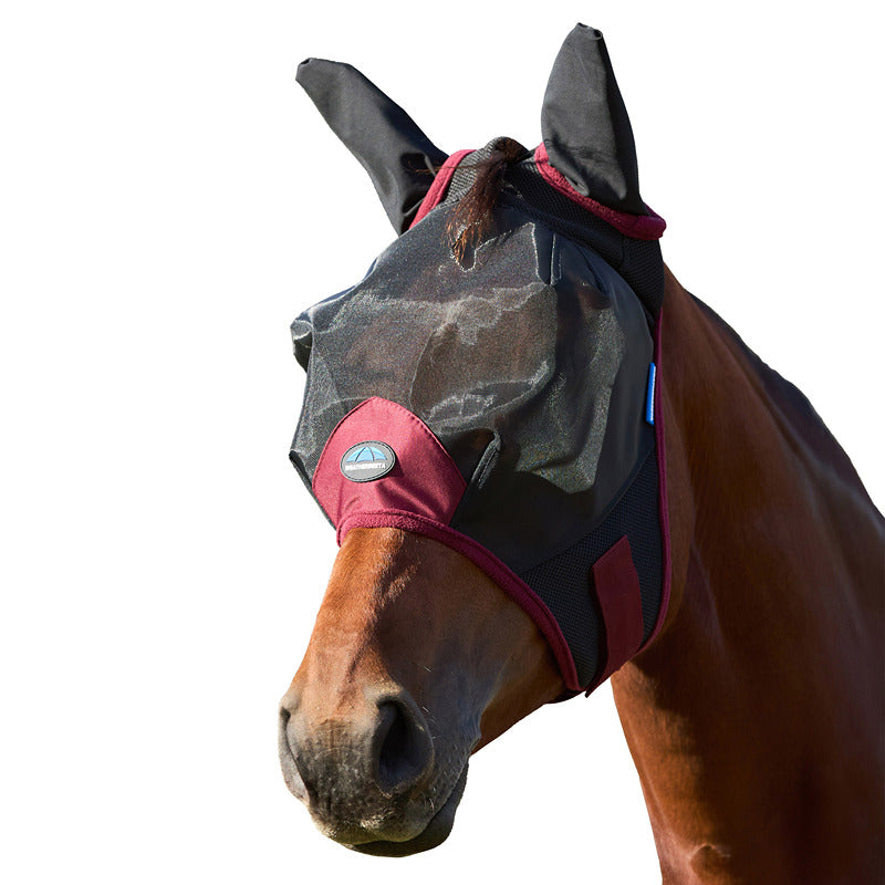 Brown horse outdoors in Weatherbeeta Comfitec Fine Mesh Fly Mask w/ Ears Black/Burgundy.