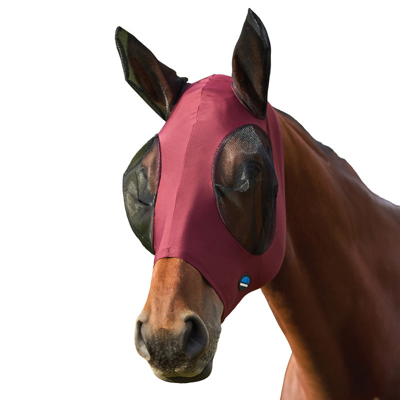 A horse wears a Weatherbeeta Comfitec Stretch Fly Mask With Ears in Burgundy/Black.