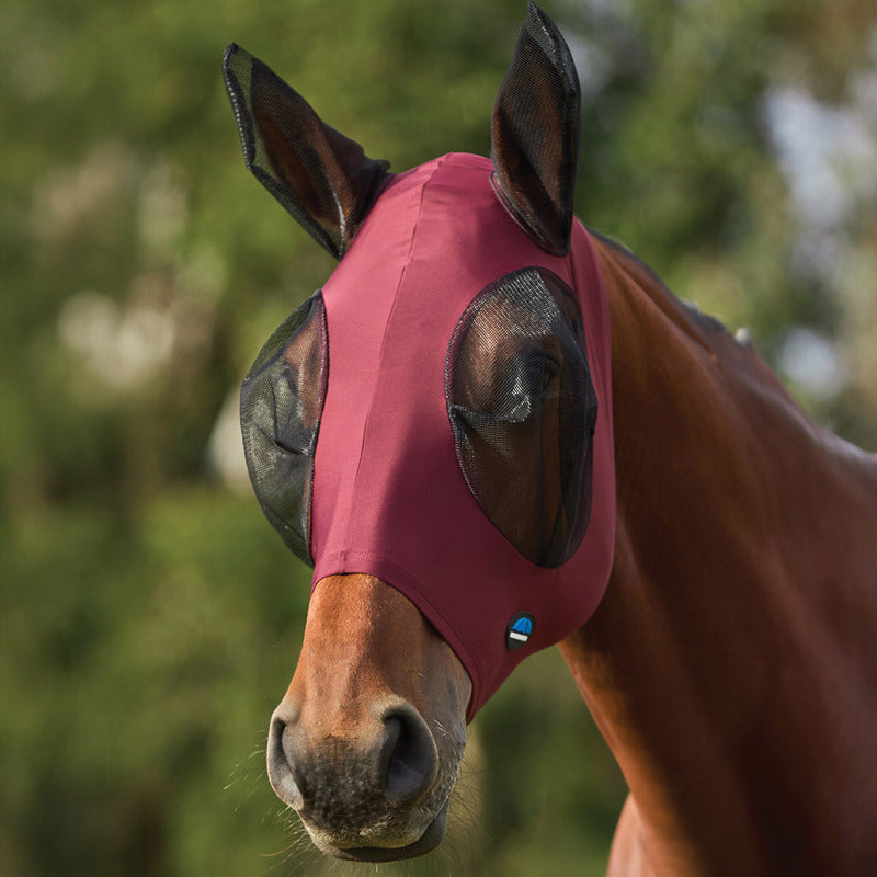 A horse wears a Weatherbeeta Comfitec Stretch Fly Mask With Ears in Burgundy/Black.
