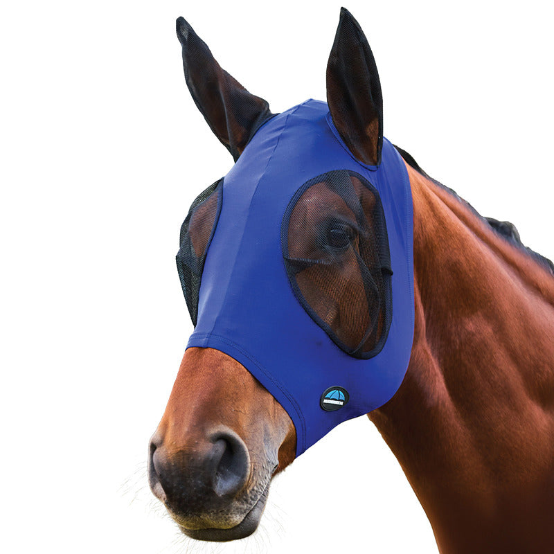 Brown horse in a Weatherbeeta Comfitec Stretch Fly Mask With Ears Cobalt/Black on green grass.