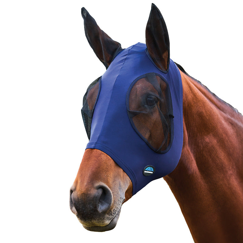 Brown horse wears Weatherbeeta Comfitec Stretch Fly Mask With Ears; green trees in background.