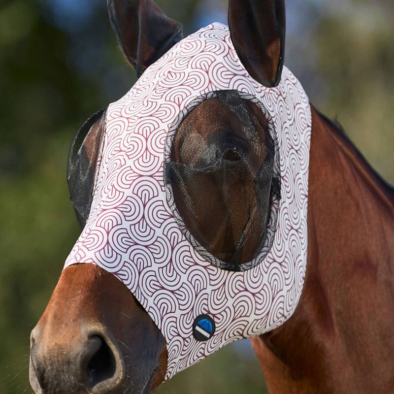 Brown horse in Weatherbeeta Comfitec Stretch Fly Mask w/ ears, white/burgundy bit print, left.