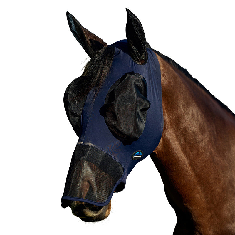 Brown horse wears Weatherbeeta Comfitec Luxe Stretch Fly Mask with Ears & Nose, navy/black.