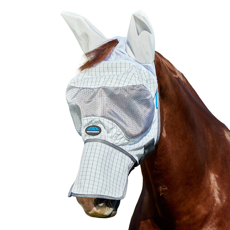 Brown horse outdoors in Weatherbeeta Hybrid Fly Mask White/Charcoal with ear and nose covers.