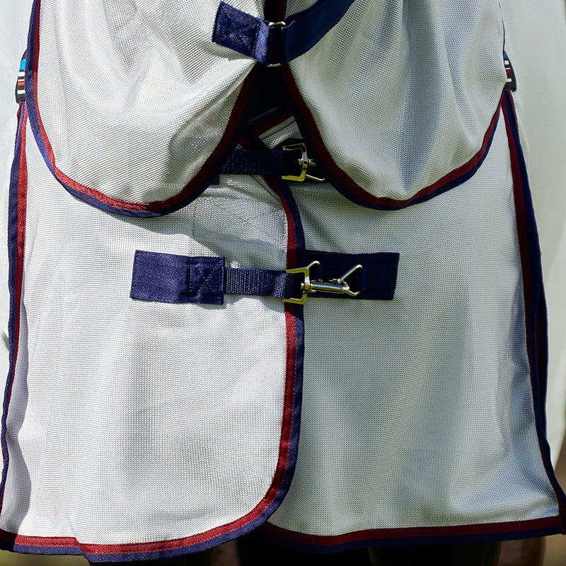 Weatherbeeta Comfitec Airflow Fly Rug in grey/navy/burgundy with straps and buckles on mesh.