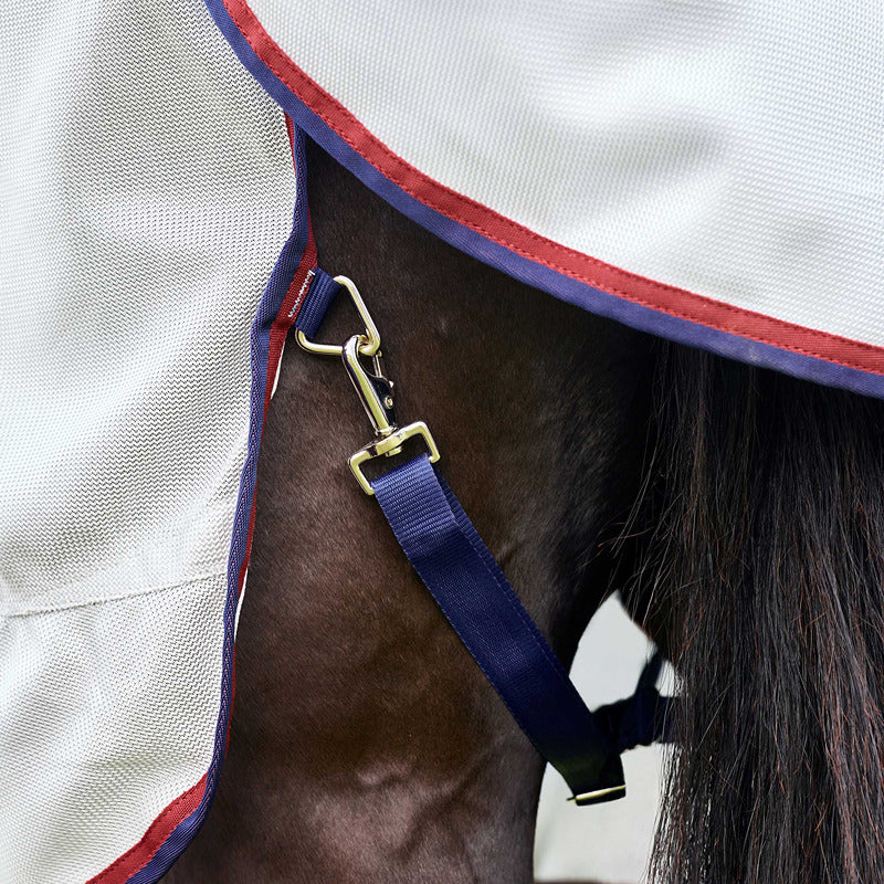 Weatherbeeta Comfitec Airflow Fly Rug in grey/navy/burgundy with UV protection and blue strap.