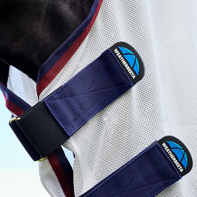 Close-up of a Weatherbeeta Comfitec Airflow Detach-A-Neck Fly Rug in grey/navy/burgundy.
