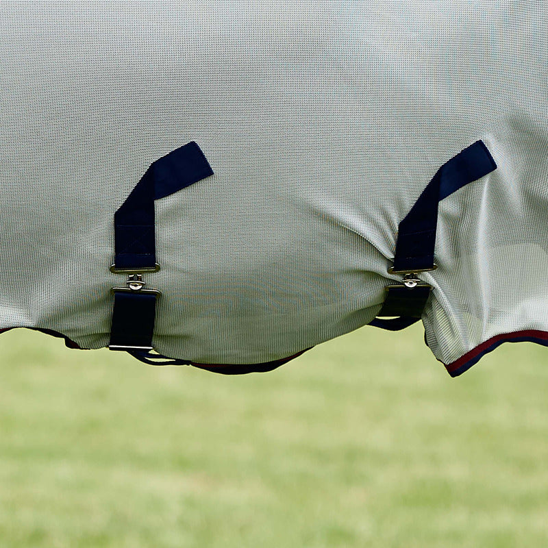Close-up of two buckled straps on a Weatherbeeta Comfitec Airflow Fly Rug, grass behind.