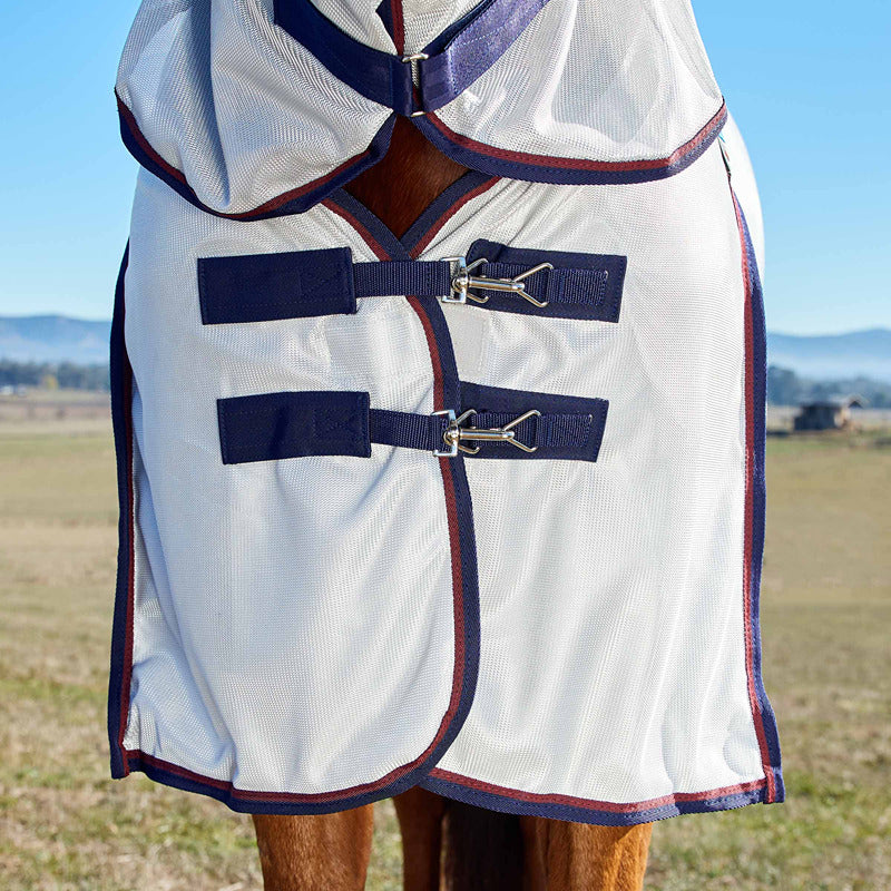 Close-up of a horse in Weatherbeeta Comfitec Airflow Fly Rug, grey/navy/burgundy, outdoors.