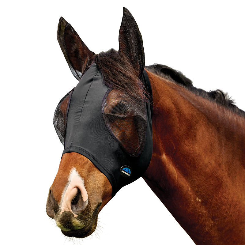 Brown horse in Weatherbeeta Comfitec Deluxe Stretch Fly Mask With Ears Black/Black, on white.