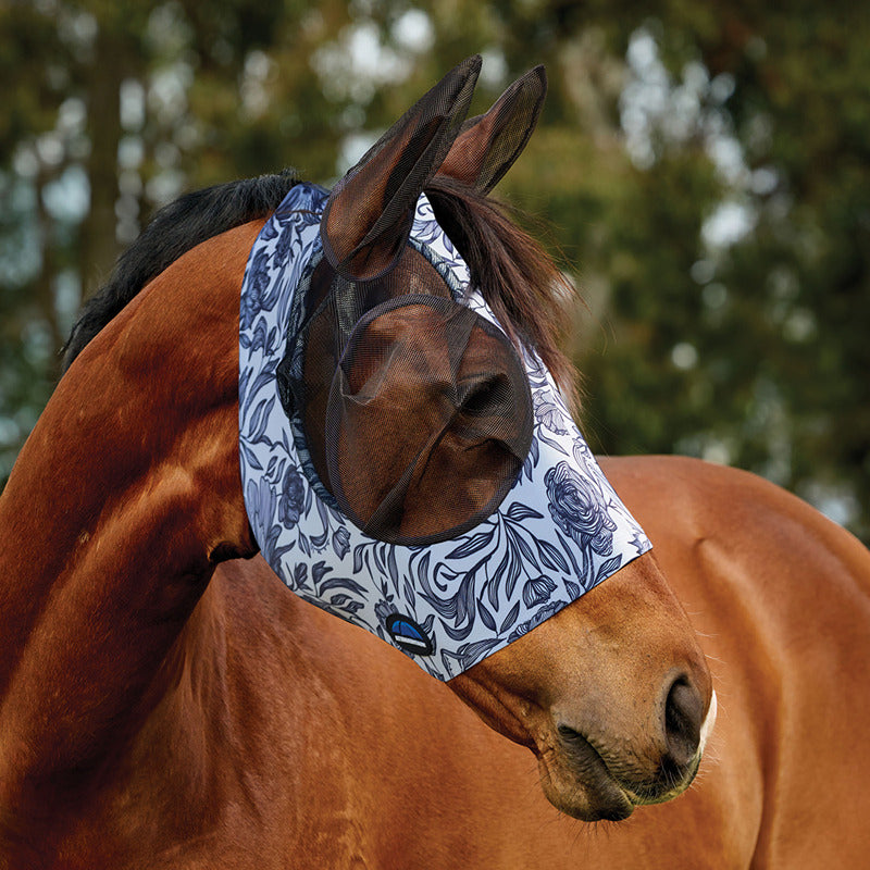Weatherbeeta Comfitec Deluxe Stretch Fly Mask with Ears in White/Navy Floral on brown horse.